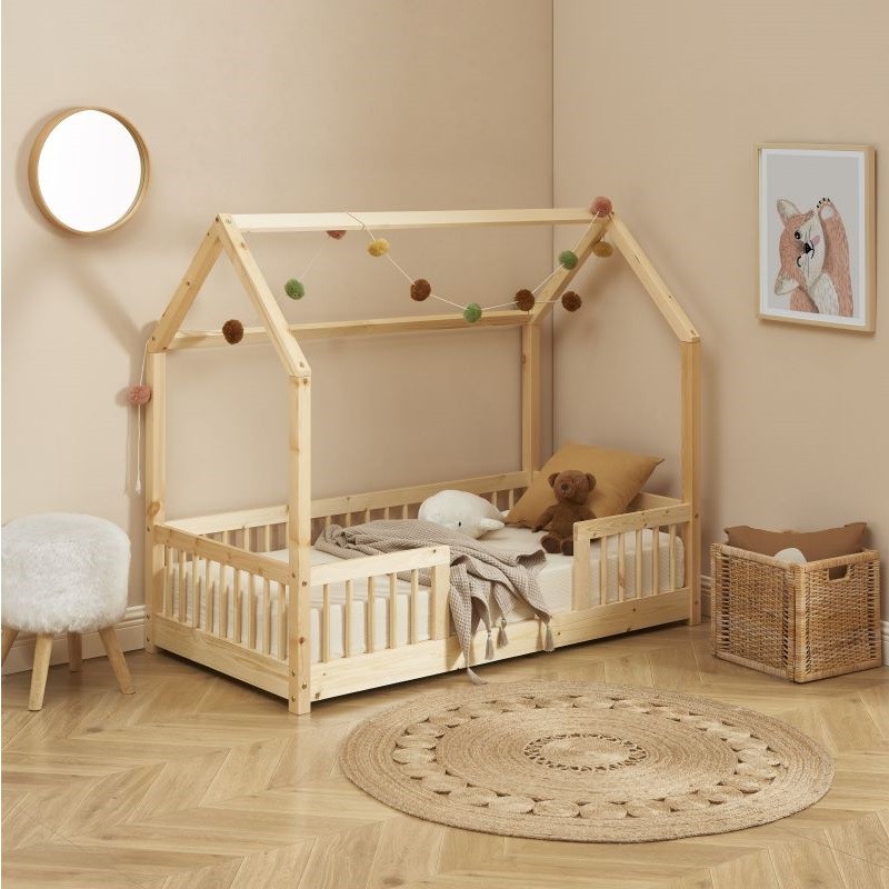 Lit-cabane d'enfant Montessori 70x140 cm avec linge de lit en beige