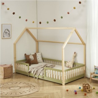 Ensemble Lit Cabane Barrière Vert 90x190 cm + Matelas Enfant 190x90 - Laïba Kids