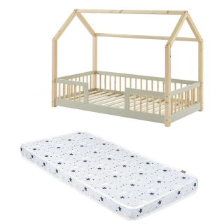 Ensemble Lit cabane avec barrières Explorateur Ivoire 70x140 avec matelas enfant 70x140 - Laïba Kids