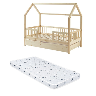 Ensemble Lit cabane avec barrière et tiroir Safari Beige 70x140 avec matelas enfant 70x140 - Laïba Kids