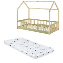 Ensemble Lit cabane avec barrières Explorateur Vert 70x140 avec matelas enfant 70x140 - Laïba Kids