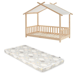 Ensemble Lit Tente des étoiles 70x140 Beige avec matelas enfant Nuage Gris 70x140 - Laïba Kids