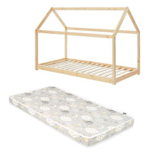 Ensemble Lit Cabane des Rêveries Beige 70x140 avec matelas enfant Nuages Gris 70x140 - Laïba Kids