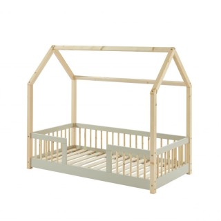 Ensemble Lit cabane avec barrières Explorateur Ivoire 70x140 avec matelas enfant Nuages Gris 70x140 - Laïba Kids