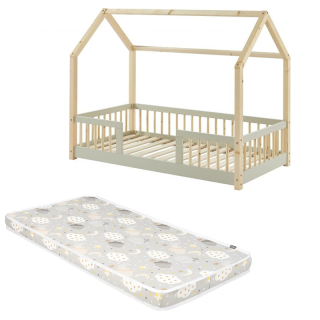 Ensemble Lit cabane avec barrières Explorateur Ivoire 70x140 avec matelas enfant Nuages Gris 70x140 - Laïba Kids