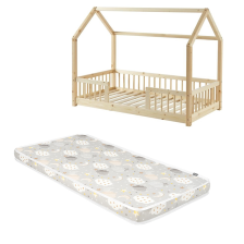 Ensemble Lit cabane avec barrières Explorateur Beige 70x140 avec matelas enfant Nuages Gris 70x140 - Laïba Kids