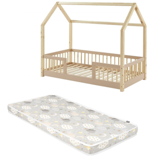 Ensemble Lit cabane avec barrières Explorateur Rose 70x140 avec matelas enfant Nuages Gris 70x140 - Laïba Kids