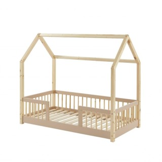 Ensemble Lit cabane avec barrière et tiroir Safari Beige 70x140 avec matelas enfant Nuages Gris 70x140 - Laïba Kids