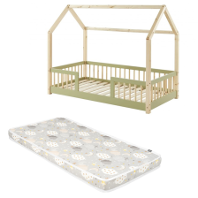 Ensemble Lit cabane avec barrières Explorateur Vert 70x140 avec matelas enfant Nuages Gris 70x140 - Laïba Kids