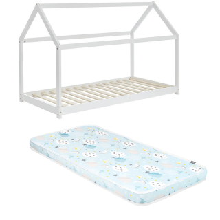 Ensemble Lit Cabane des Rêveries Blanc 70x140 avec matelas enfant Bleu 70x140 - Laïba Kids