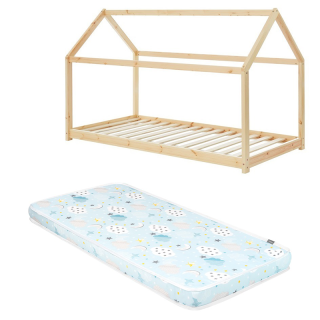 Ensemble Lit Cabane des Rêveries Beige 70x140 avec matelas enfant Bleu 70x140 - Laïba Kids