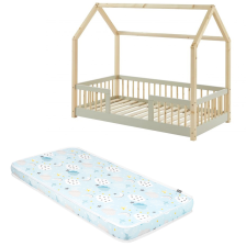 Ensemble Lit cabane avec barrières Explorateur Ivoire 70x140 avec matelas enfant Bleu 70x140 - Laïba Kids