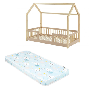 Ensemble Lit cabane avec barrières Explorateur Rose 70x140 avec matelas enfant Bleu 70x140 - Laïba Kids