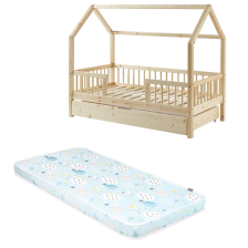 Ensemble Lit cabane avec barrière et tiroir Safari Beige 70x140 avec matelas enfant Bleu 70x140 - Laïba Kids