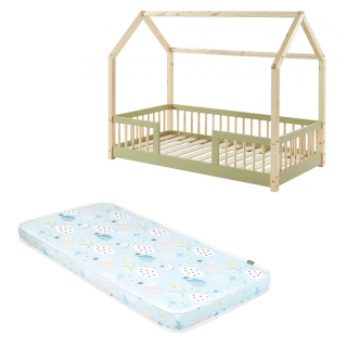 Ensemble Lit cabane avec barrières Explorateur Vert 70x140 avec matelas enfant Bleu 70x140 - Laïba Kids