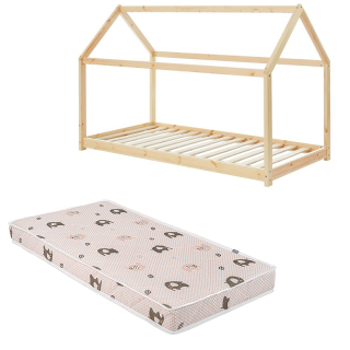 Ensemble Lit Cabane des Rêveries Beige 70x140 avec matelas enfant éléphants Verts 70x140 - Laïba Kids