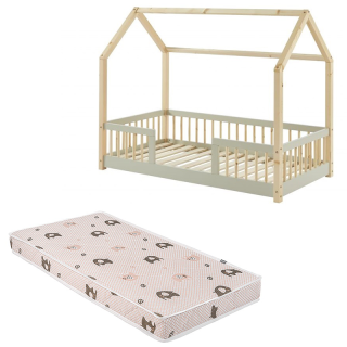 Ensemble Lit cabane avec barrières Explorateur Ivoire 70x140 avec matelas enfant éléphants Verts 70x140 - Laïba Kids