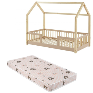 Ensemble Lit cabane avec barrières Explorateur Rose 70x140 avec matelas enfant éléphants Verts 70x140 - Laïba Kids