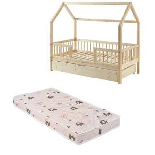 Ensemble Lit cabane avec barrière et tiroir Safari Beige 70x140 avec matelas enfant éléphants Verts 70x140 - Laïba Kids