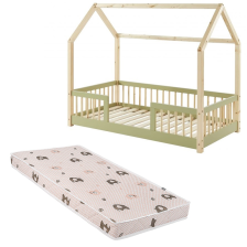 Ensemble Lit cabane avec barrières Explorateur Vert 70x140 avec matelas enfant éléphants Verts 70x140 - Laïba Kids