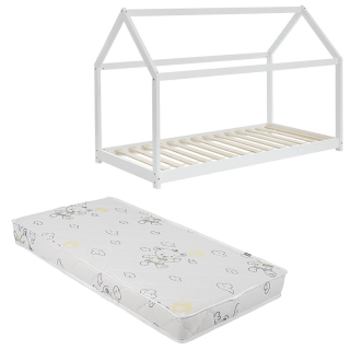 Ensemble Lit Cabane des Rêveries Blanc 70x140 avec matelas enfant Gris 70x140 - Laïba Kids