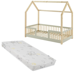 Ensemble Lit cabane avec barrières Explorateur Ivoire 70x140 avec matelas enfant Gris 70x140 - Laïba Kids