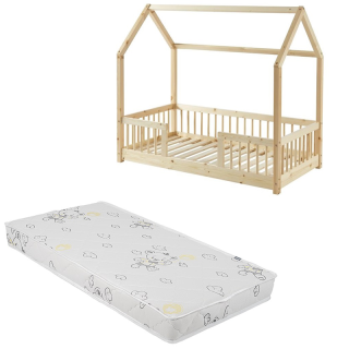 Ensemble Lit cabane avec barrières Explorateur Beige 70x140 avec matelas enfant Gris 70x140x12 - Laiba Kids