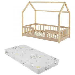 Ensemble Lit cabane avec barrières Explorateur Rose 70x140 avec matelas enfant Gris 70x140 - Laiba Kids