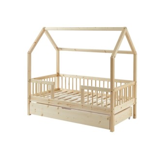 Ensemble Lit cabane avec barrière et tiroir Safari Beige 70x140 avec matelas enfant Gris 70x140x12 - Laïba Kids