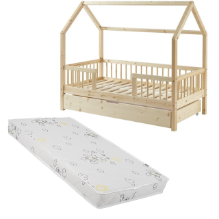 Ensemble Lit cabane avec barrière et tiroir Safari Beige 70x140 avec matelas enfant Gris 70x140 - Laïba Kids