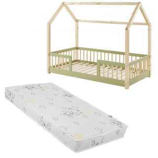 Ensemble Lit cabane avec barrières Explorateur Vert 70x140 avec matelas enfant Gris 70x140 - LaÏba Kids