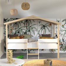 Lit Cabane Enfant Ile Au Trésor 90x190 avec Sommier Naturel et Blanc - Laïba Kids