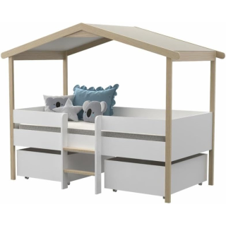 Lit cabane Enfant Jardin Secret 90x190 sommier + 2 tiroirs Blanc et Naturel - Laïba Kids