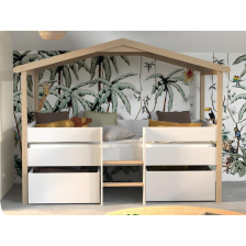 Lit cabane Enfant Jardin Secret 90x190 sommier + 2 tiroirs Blanc et Naturel - Laïba Kids