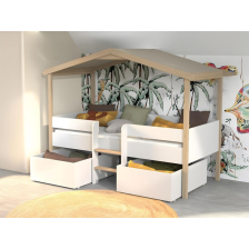Lit cabane Enfant Jardin Secret 90x190 sommier + 2 tiroirs Blanc et Naturel - Laïba Kids