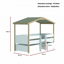 Lit cabane Enfant Jardin Secret 90x190 sommier + 2 tiroirs Blanc et Naturel - Laïba Kids