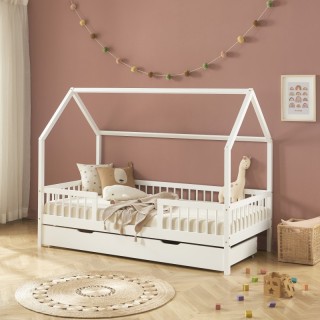 Lit Cabane Avec Barrières Et Tiroir LunaLit Blanc 90x190 - Laïba Kids