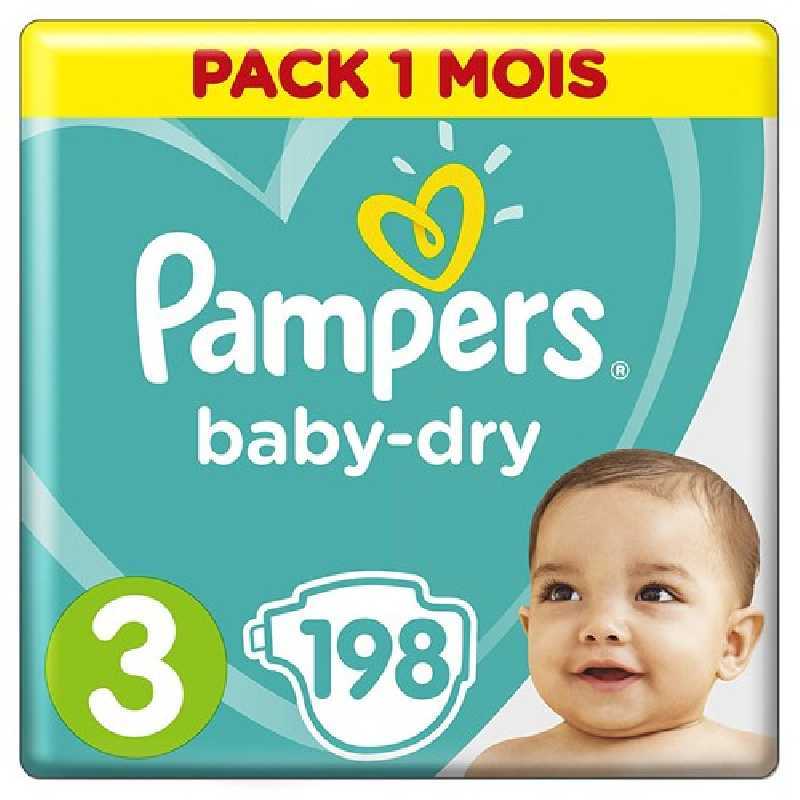 Pampers - Baby Dry - Couches Taille 3 (5-9 kg/Midi) - Pack économique 1 mois de consommation (x198couches)