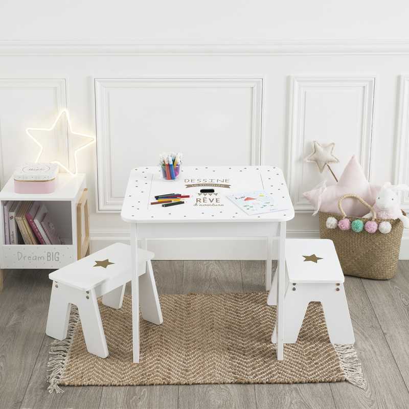 Table Dream Et Ses Deux Tabourets Pour Enfants - Blanc Et Bois à